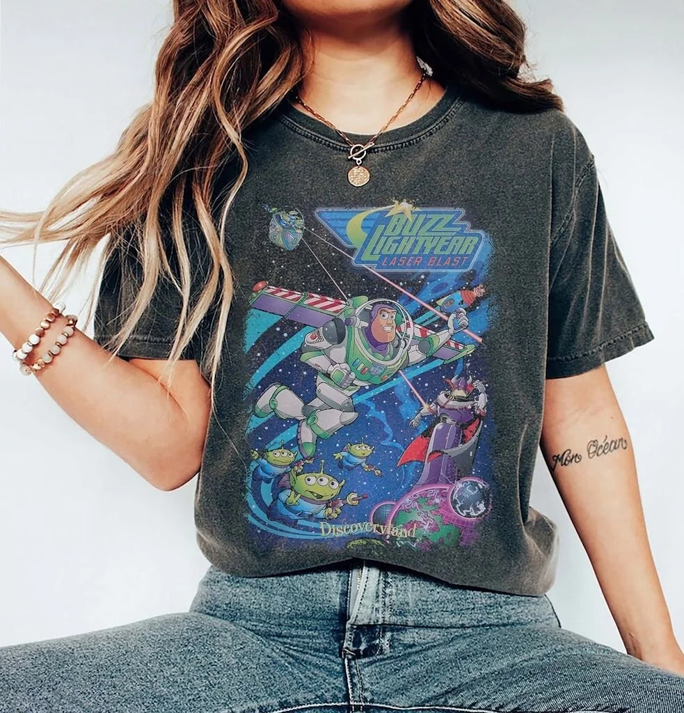 

New Women's Retro Buzz Lightyear Fun Printed Round Neck Short Sleeve Casual T-shirt Toy Story Pattern Versatile Daily Top