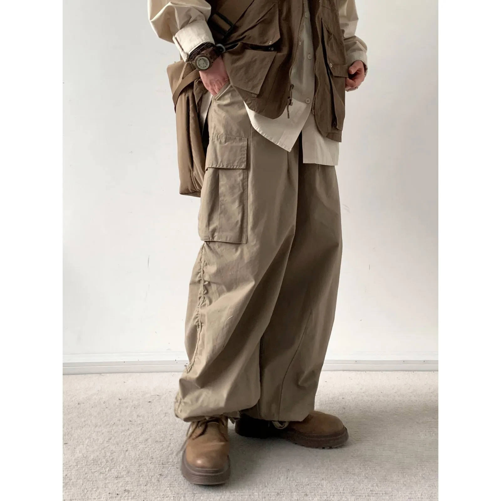 Spring Autumn Japanese Men's Loose Wide Leg Solid Color Multi Pocket Casual Trendy Loose Simple Basic Daily Cargo Trousers Male