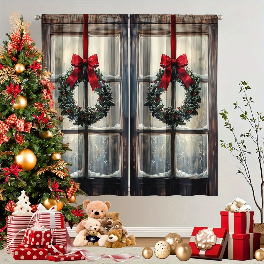 2PCS Christmas Winter Curtains, Wreath Window Holly Berry Bow Vintage Wood, Digital Print, Bedroom Living Room, Home Decor