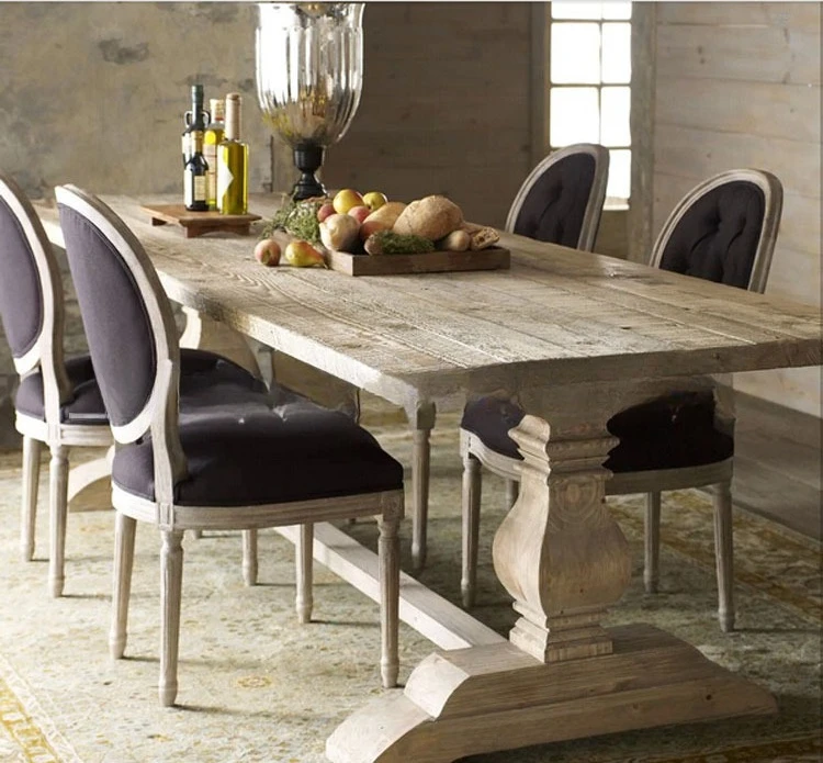 American solid wood dining table, old log oak carved rectangular large  8 people dining table dining chair