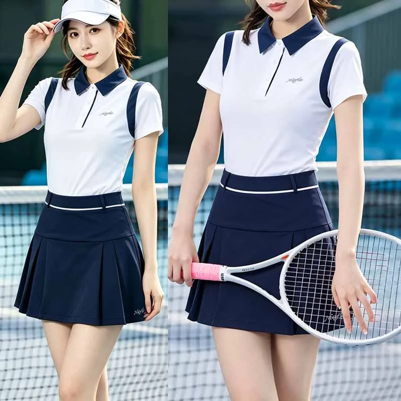 women-golf-clothing-contrast-color-short-sleeve-top-a-lined-short-skirt-ladies-sports-breathable-lapel-shirt-casual-sports-skort