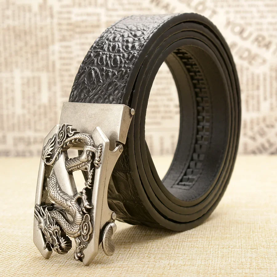 Fashion Crocodile Pattern Belt Luxury Alligator Automatic Buckle Men's Belts Dragon Buckle  Strap Novelty Four Color