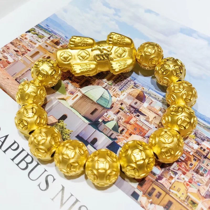 Goldpure Pixiu سوار 999 الذهب 24K الذهب الحقيقي الرجال سوار غني بوذا حبة سوار المال حبة سوار