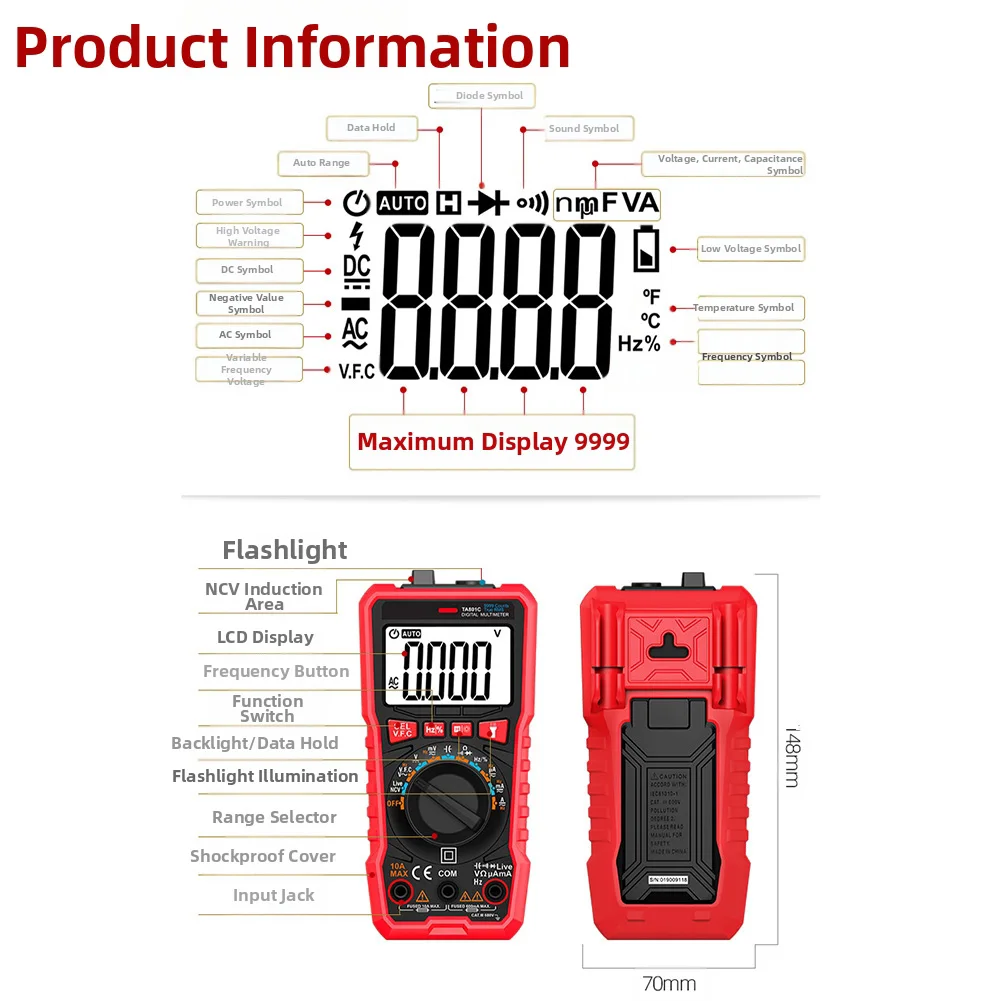 Auto Ranging Digital Multimeter True RMS 9999 Counts Measures AC DC Voltage Current Resistance Frequency Testing Meter