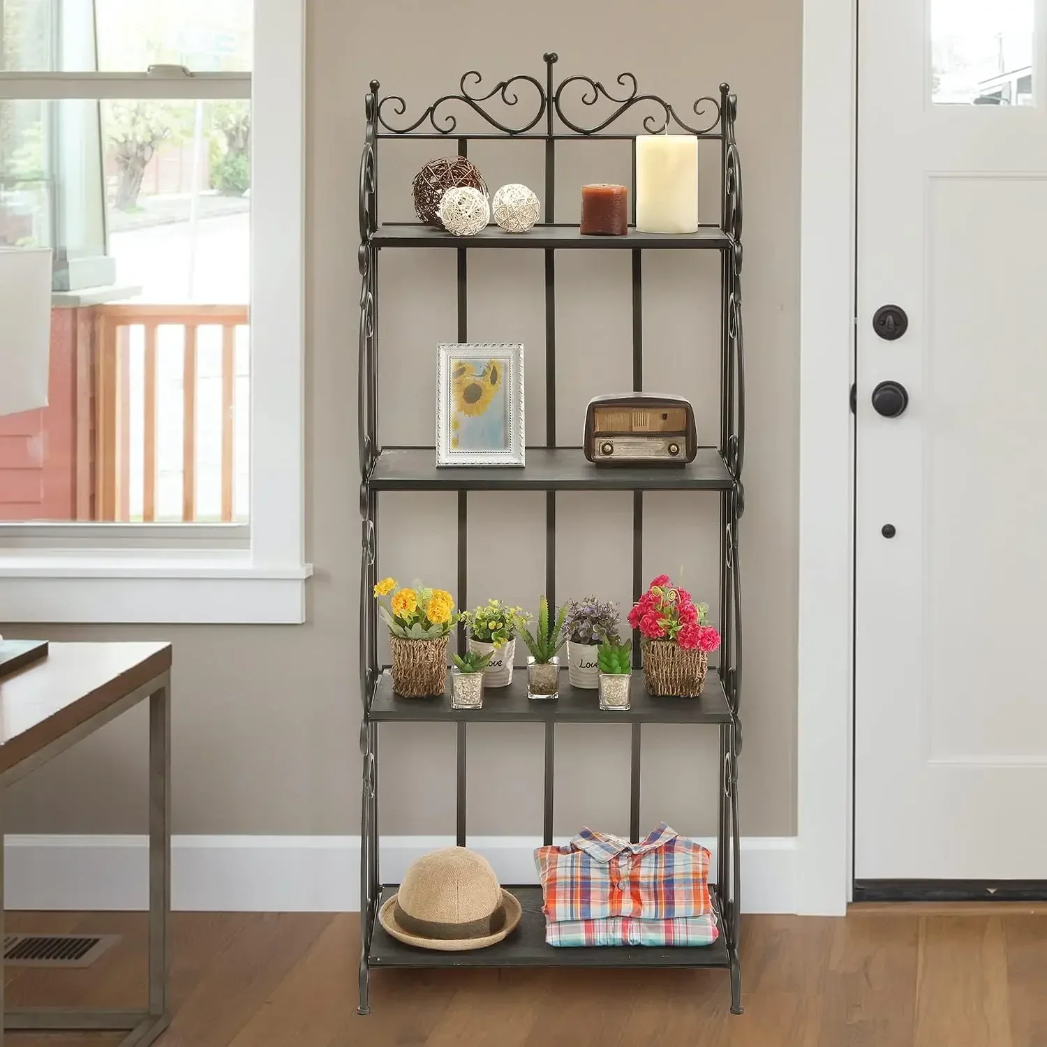 Black Metal Freestanding Shelf Rack, Decorative Bakers Rack Bookshelf Storage Shelf Unit with Metal Scrollwork Frame