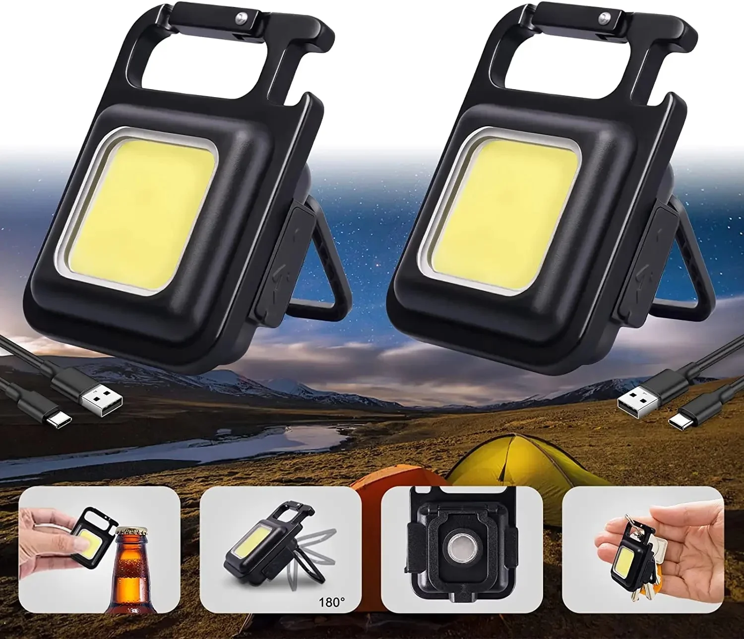 LED Working Light USB Rechargeable Mini Flashlight Portable Bright Keychain Pocket Clip Lantern Outdoor Hiking Fishing Camping