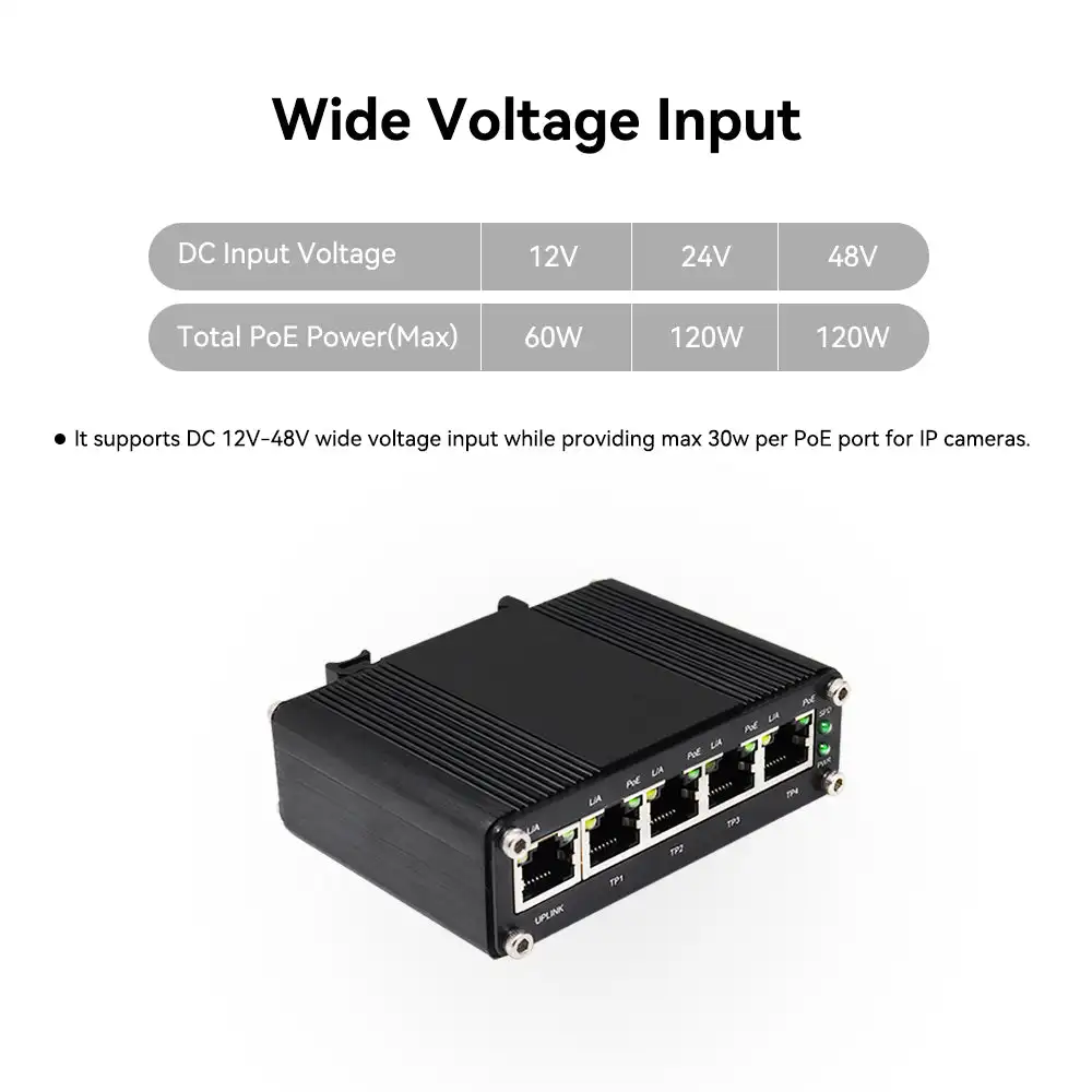 5 Ports Full Gigabit POE Switch Support DC12V / DC24V / DC48V Input, 4 IEEE802.3af/at 30W POE Ports, Total POE Budget 120W