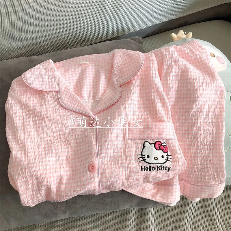 Sanrio Hello Kitty Kawaii Anime Pijamas Set for Women Spring Summer New Kuromi Korean Pyjama Cartoon Y2k Loose Homewear Clothes