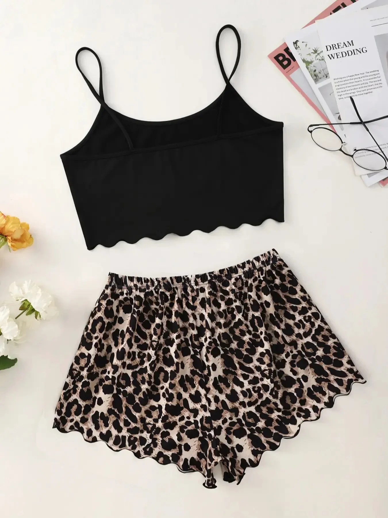 Leopard Print Sling Sleepwear Women's Pajamas Set Sexy Lingerie V-Neck Sleeveless Top and Shorts Sets Pyjamas Homewear