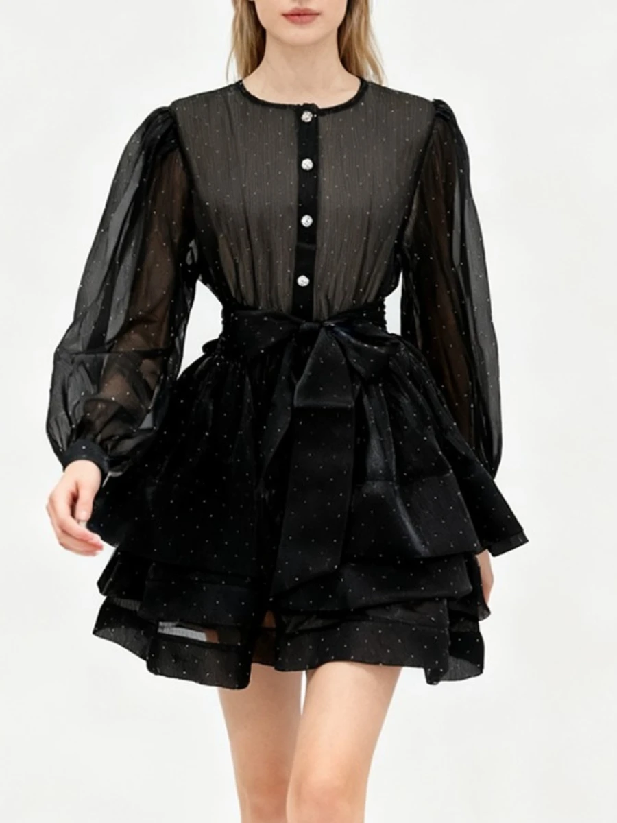 TWOTWINSTYLE الصلبة شير تقسم موجة نقطة فساتين الموضة للنساء س الرقبة طويلة الأكمام تونك المرقعة الكشكشة فستان الإناث #2