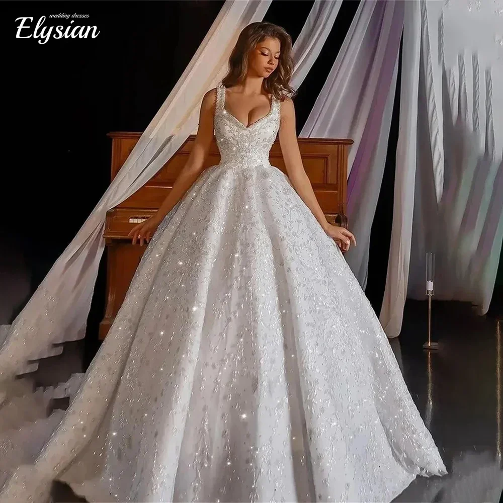 Customized Princess A Line Glistening Wedding Dress Shoulder Straps Sleeveless Bridal Gown Beading Backless Ball Gown Vestido De