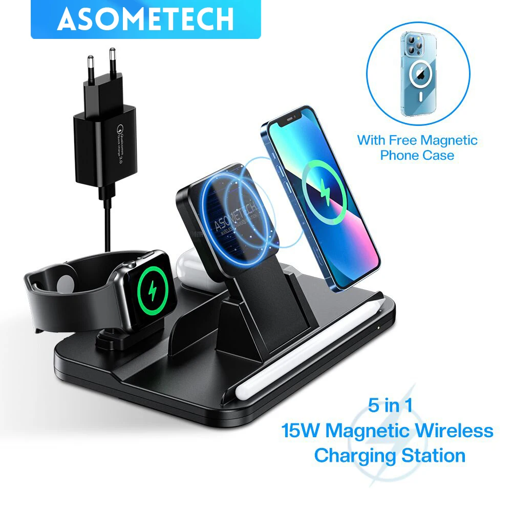 5 in 1 Wireless Charger Stand For iPhone 14 13 Pro Max Airpods Apple Watch Macsafe Charging Station for Airpods Pro iWatch 7 6 5