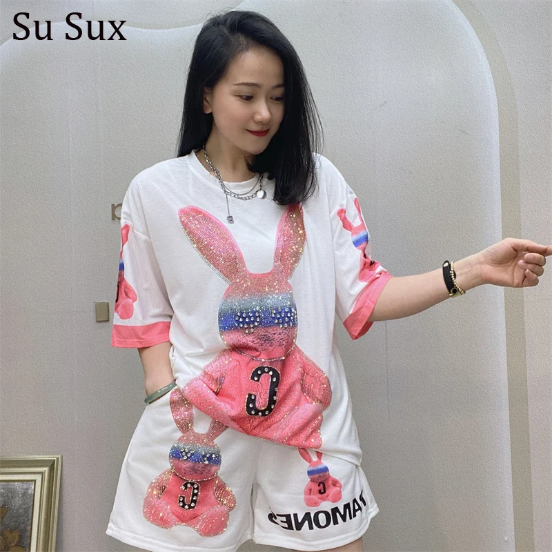 Sequins Rabbit Print Short 2 Piece Sets Women Outfits 2024 New Short Short Sleeve T-shirt Matching Sets Sportwear Streetwear