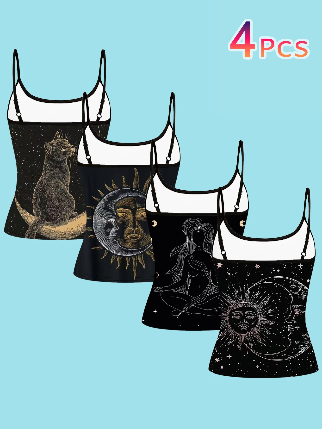 4-Piece Set of Women's Spaghetti Strap Camisoles with Black Background, Featuring Starry Sky, Black Cat, Sun and Moon, Human Face, Mysterious Astrology, Line Art Print, Slim Fit Sleeveless Tops