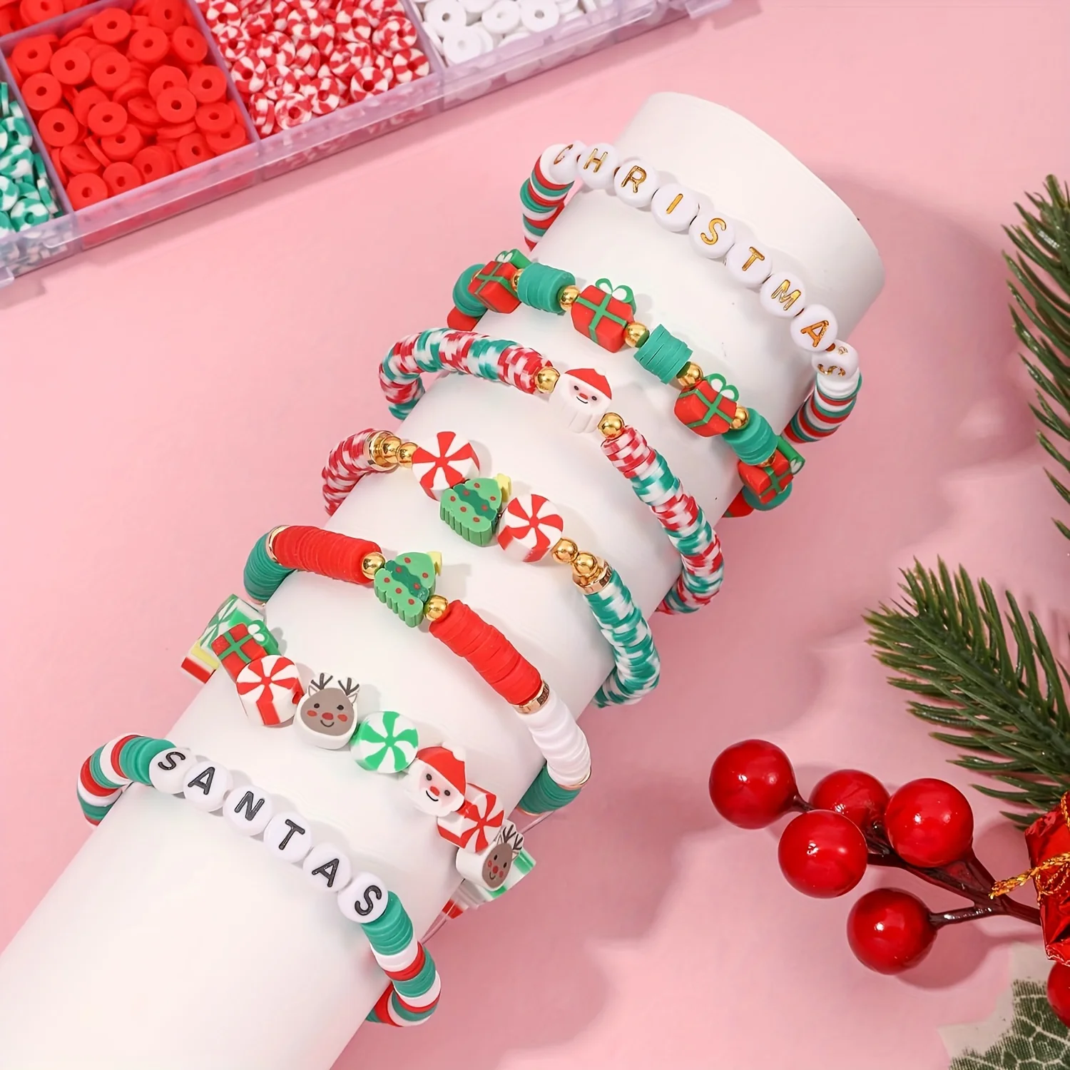 Christmas Polymer Clay Bead Kit - Flat Round & Alphabet Spacer Beads for DIY Jewelry Making, Includes Elastic Cord