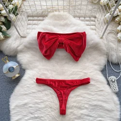 Christmas Erotic Lingerie Suits Ladies Strapless Bodycon Short Sleepwear Fashion Velvet Bow Sensual Underwear Sets