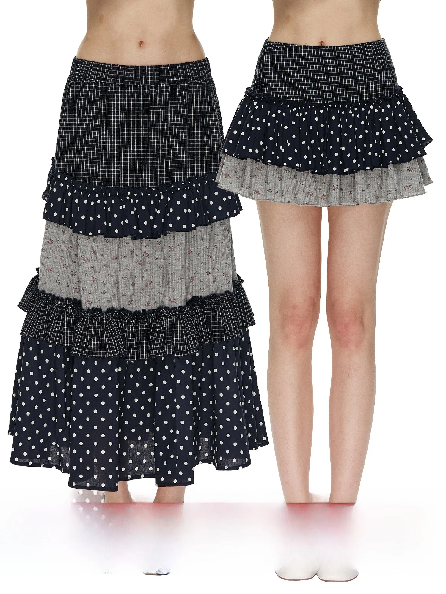 

NECY Original Floral Print f Skirt Polka Dot Patchwork Design Spring Summer Lace Trim ort Cake Skirt A-Line Midi Skirt