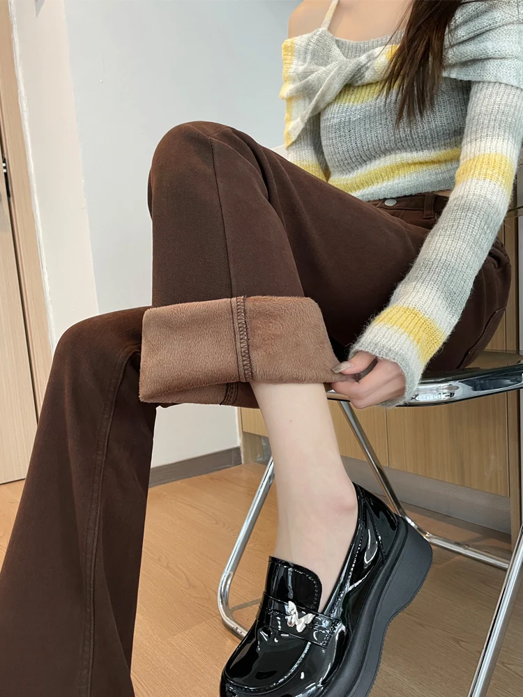 

High Waist Fleece Lined Micro Flared Jeans Women's Autumn Winter New Style Extended Slimming Denim Pants Casual Cotton Blend