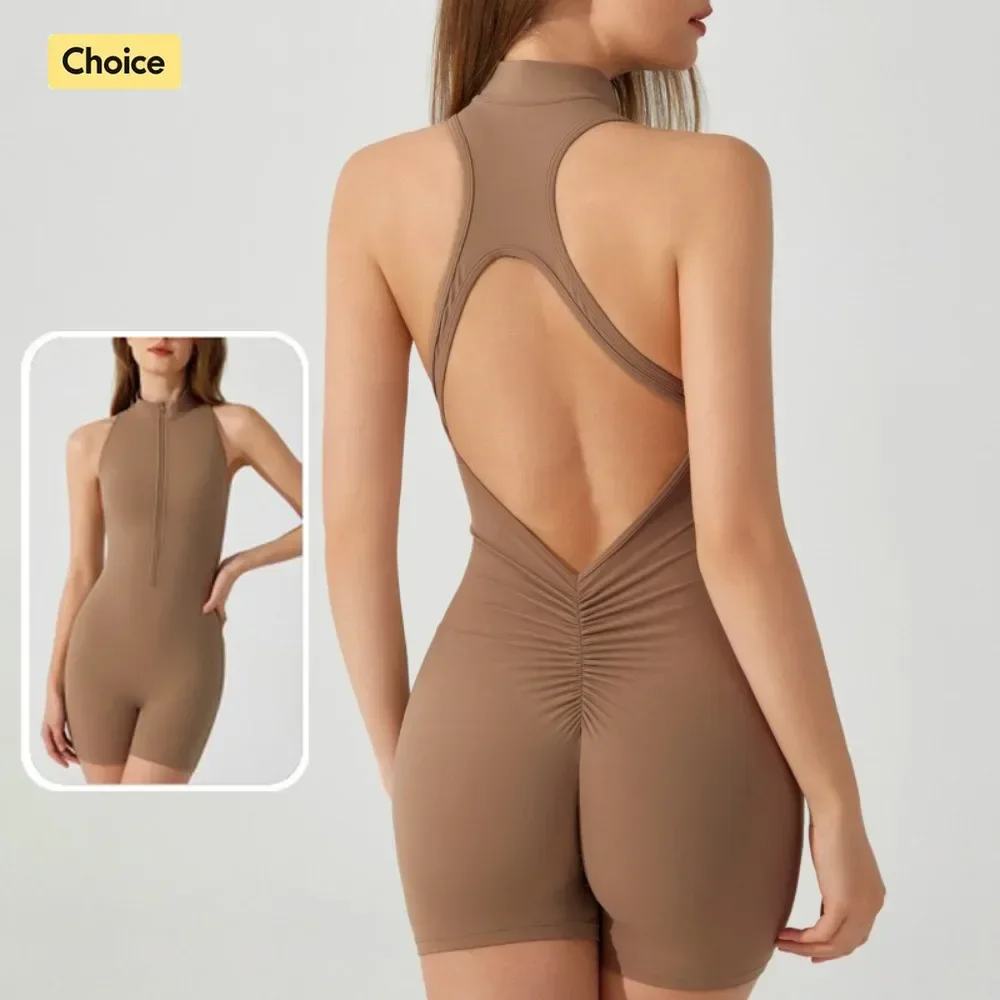

Women's Workout Zipper Bodysuit with High-Cut Back V, Peach Butt Lifting Yoga Jumpsuit for Gym Fitness, High-Elastic Activewear