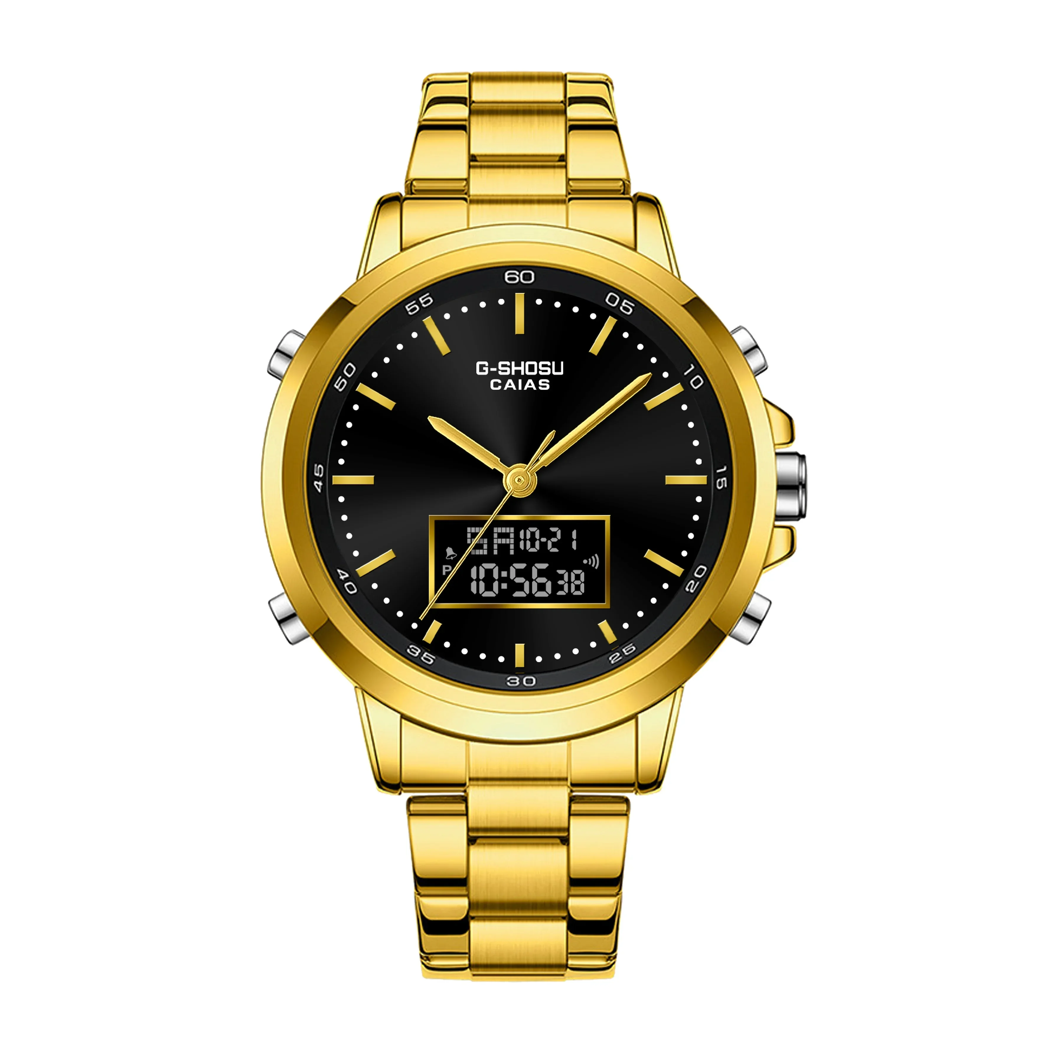 ساعة رياضية رقمية إلكترونية للجنسين مقاومة للصدمات، توقيت عالمي، وظيفة كاملة، شاشة LED مزدوجة، سلسلة من سبائك البلوط