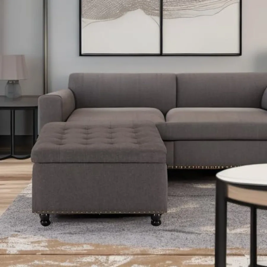 Duża kwadratowa pufa z miejscem do przechowywania, tapicerowana, stolik kawowy z ukrytym schowkiem, powiększony podnóżek-pufa do salonu.