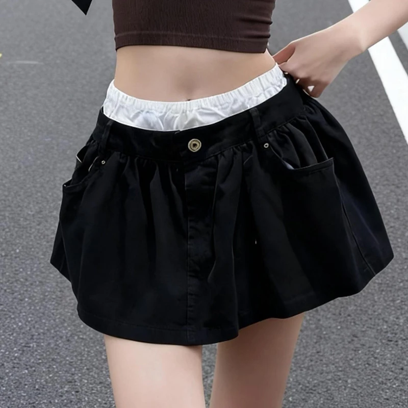 

Korean Style Patchwork Detachable Casual Skirts Women High Waist Loose A-Line Mini Skirt with Shorts Sexy Skirt with Pocket