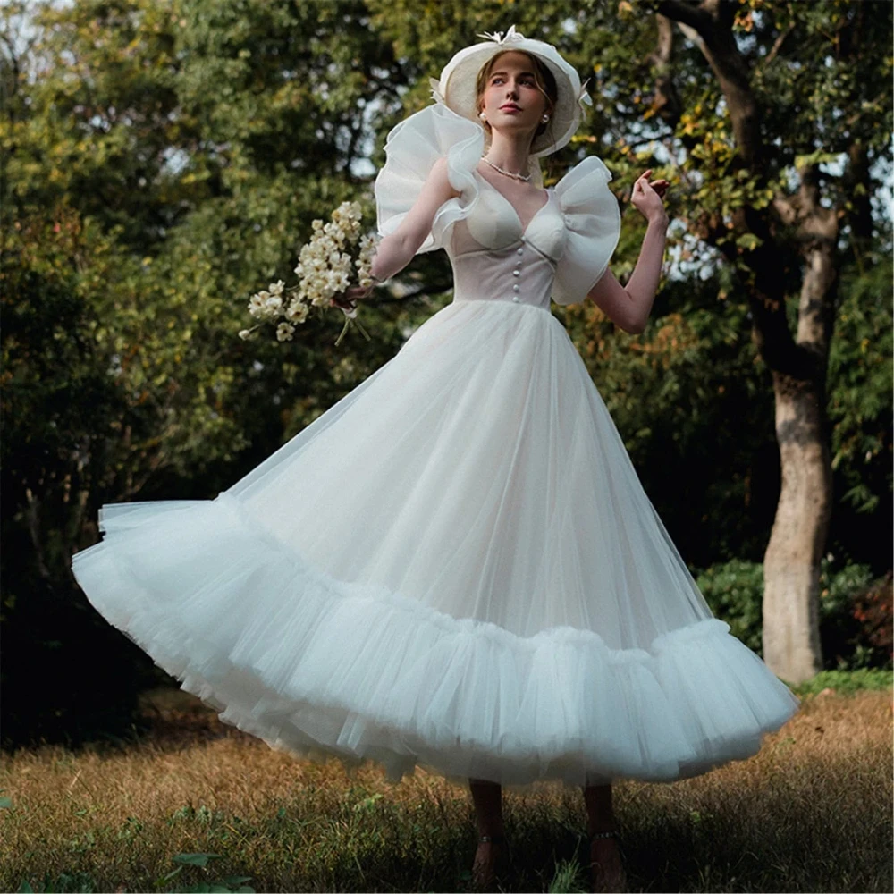 

White Party Dresses for Women Elegant V-Neck Pleated Tulle A-Line Evening Gowns Fashion Buttons Ankle Length Prom Dresses