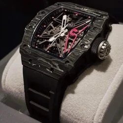 CRONUSART Men Automatic Watch 50mm*42mm Luxury Tonneau Mechanical Wristwatch Carbon Fibre Case Skeleton Dial Fluororubber Strap