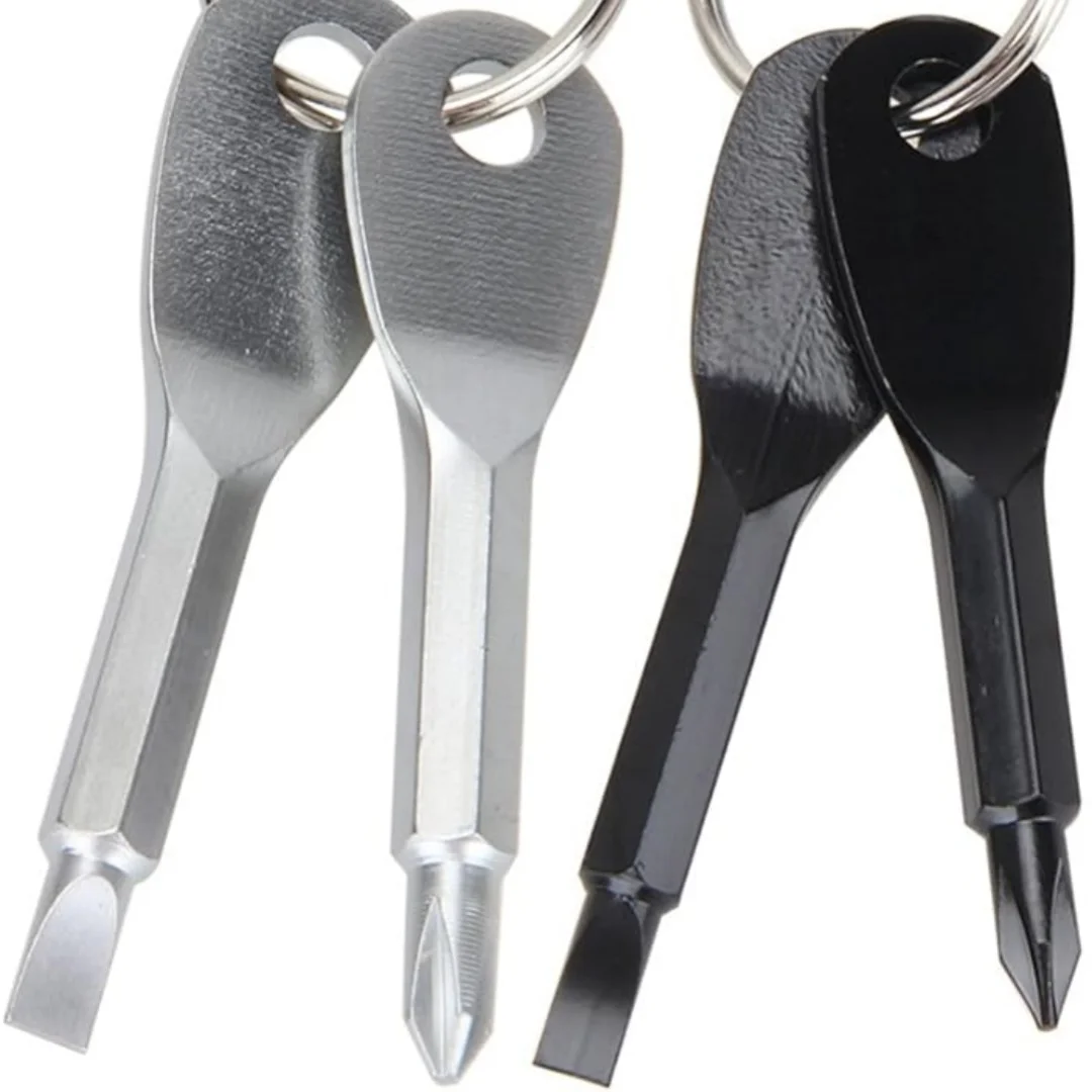 2 Set(4PCS) Portable Multifunction Key Chain Screwdriver Mini Key Shape Travel Kits Outdoor EDC Screwdriver Tool with Key Ring(Color: Black Silver)