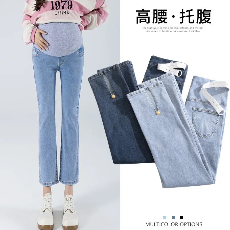 Maternity Stretch Slit Jeans Straight Leg Pants Wide Leg Pants Denim Maternity Pants 2022