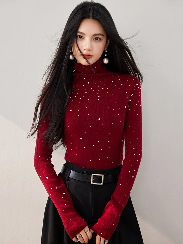 Autumn Winter Turtleneck Sweaters Women Sparkling Diamond Tops Slim Fit Pullover Fashion Long Sleeve Knitted Sweater