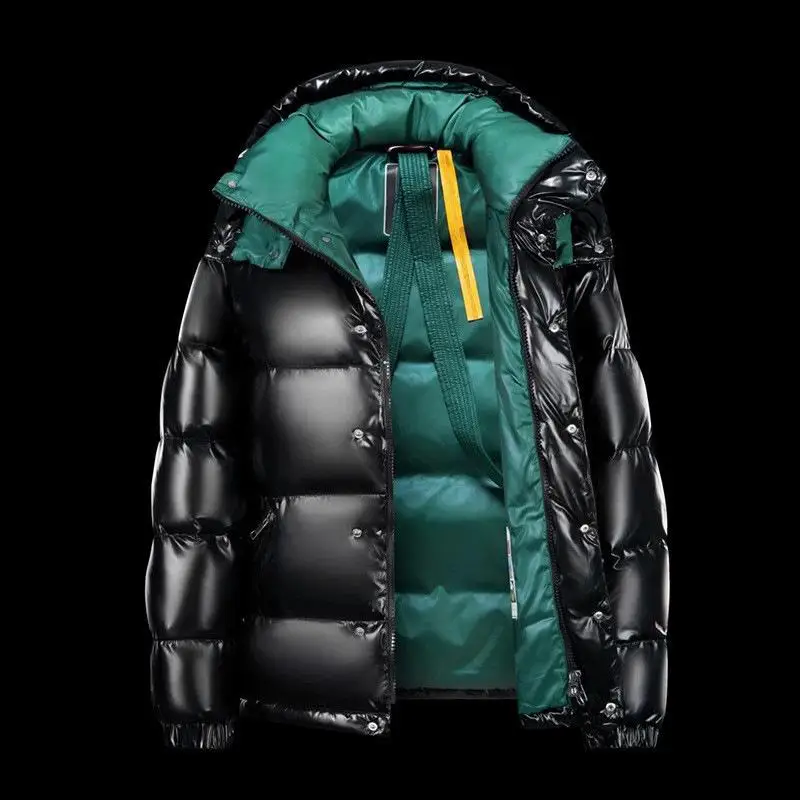 Men White Duck Down Jacket Glossy Short Style Thick Hooded Outerwear Green Color Warm Winter Garment For Daily Wearing Outdoor