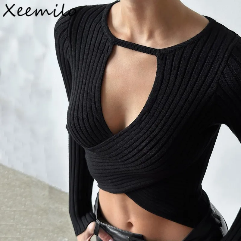 Xeemilo Autumn Solid Underwear Top Elegant Hollow Out Knit Long Sleeve Undershirt 2023 Women Round Collar Slim Warmming Clothes