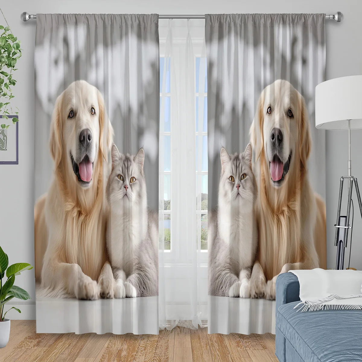 Cute Dog Cat Curtain, Golden Retriever Pet Print Drape, Kawaii Animal Window Treatment for Living Room Bedroom Kids Home Decor