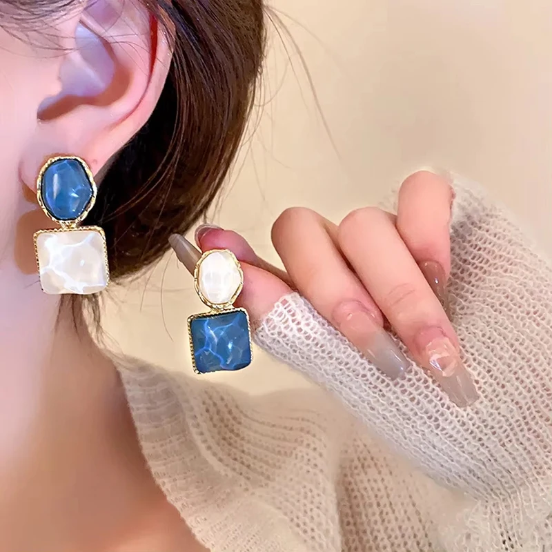 FTCY Asymmetry Water Ripple Square Dangle Earrings for Women Geometric Luxury Unique Women's Earrings Jewelry Accessories
