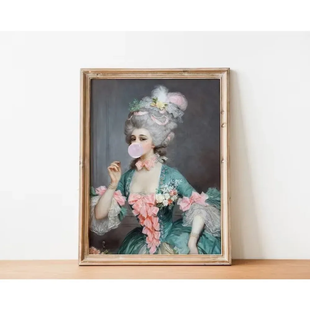 Surreal Victorian Woman Bubble Gum Reading Antique Portrait Poster Canvas Painting Wall Art Picture Modern Room Home Decor