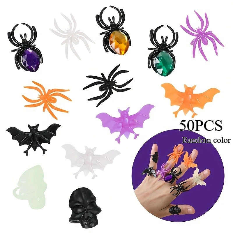 50 Pcs (Random Colors) Halloween Horror Party Rings – Durable Plastic Halloween Decorations, Gothic Party Favors