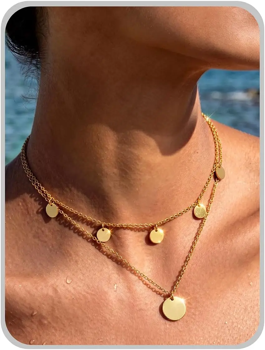 

Gold Rosegold Silver Layering Choker Double Chain with Pendant Waterproof Long Chains Set Women Jewelry