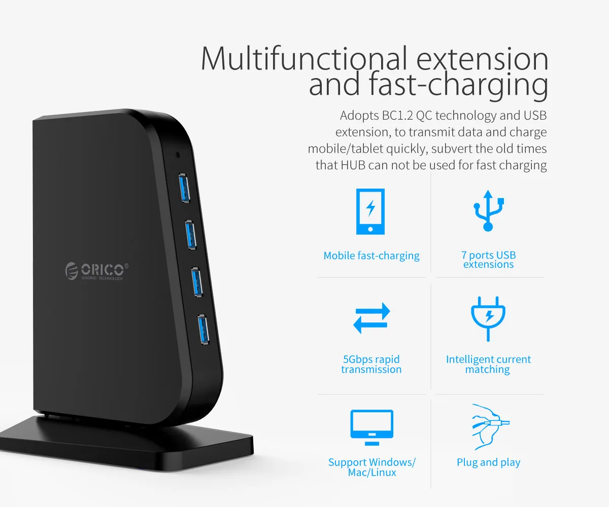 Imagem -03 - Orico-hub com Portas Usb 3.0 Super Velocidade 5gbps Protocolo qc Bc1.2 Divisor para Desktop Computador Preto