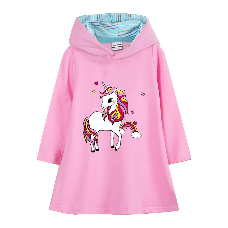 

Baby Girls Dress Quality Cotton Unicorn Autumn Fashion Clothing for Children Cartoon Pink Long Sleeve Kids Clothes Hooded 2-8Y