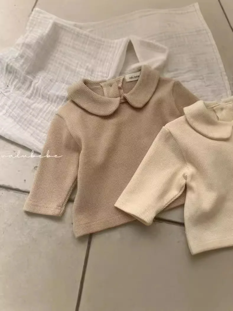 2025 Autumn New Baby Long Sleeve T Shirts Cotton Infant Toddler Peter Pan Collar Tops Girls Solid Versatile Bottoming Shirts