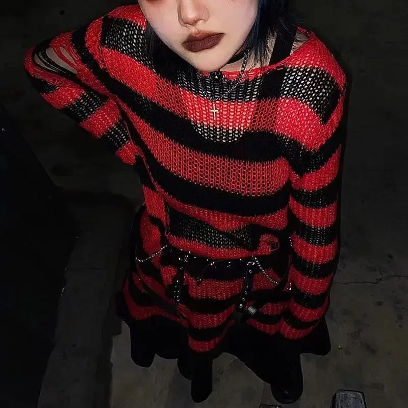 TUMAO Women Y2K E-girl Goth Hole Striped Knitted Pullovers Long Sleeve Ripped Sweater Jumpers Punk Style Kawaii Harajuku