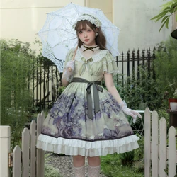 Sweet Lolita Style Op Dress Women Vacation Vintage Lace Bow Bunny Grape Print Princess Dresses Girls Cosplay Evening Party Dress