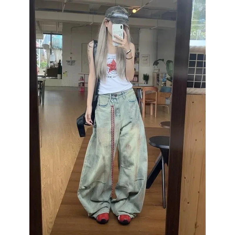 

Retro American Dir Dyed Knife Pants High Waist Loose Wide Leg Workwear Denim Jeans Women Autumn Winter Street Sle Trousers