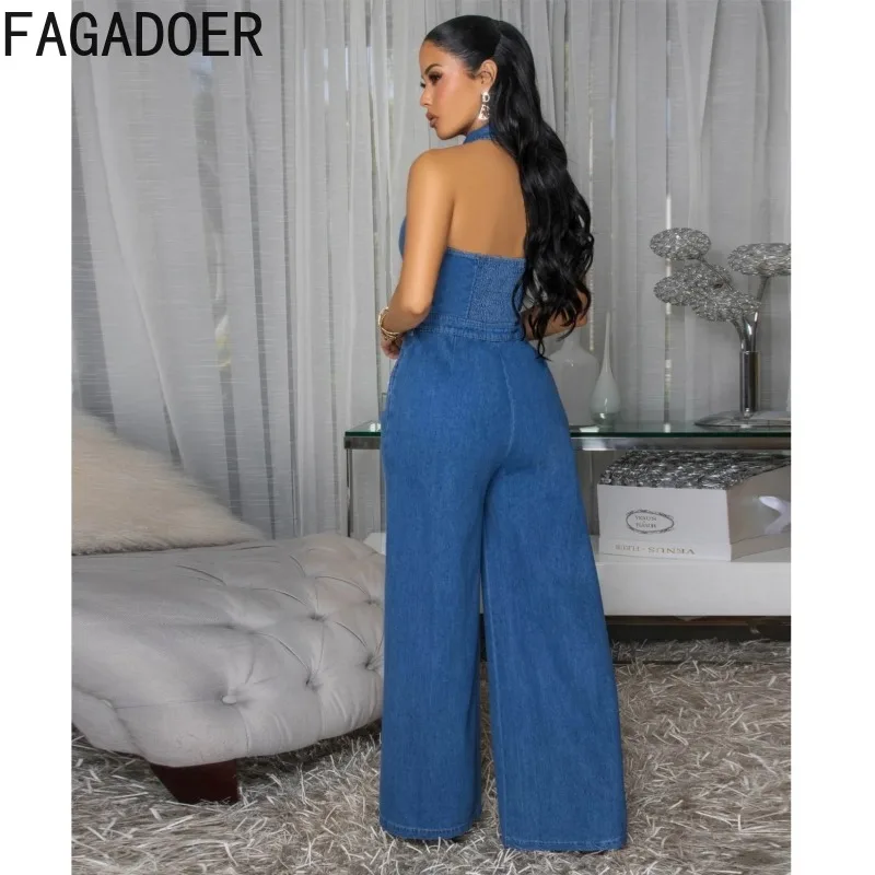 FAGADOER 레트로 패션 Bodycon 데님 점프 슈트 여성 솔리드 컬러 홀터 백 레스 스트레이트 Rompers 여성 streetwear 오버올
