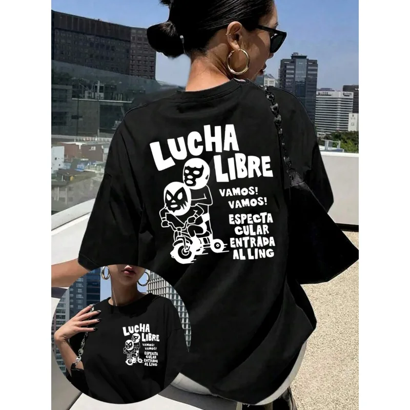 2026 New Pure Women'S Short Sleeved T-Shirt Women'S Letter Print T-Shirt Lucha Libre, Black Short-Sleeved Round-Neck Casual Top