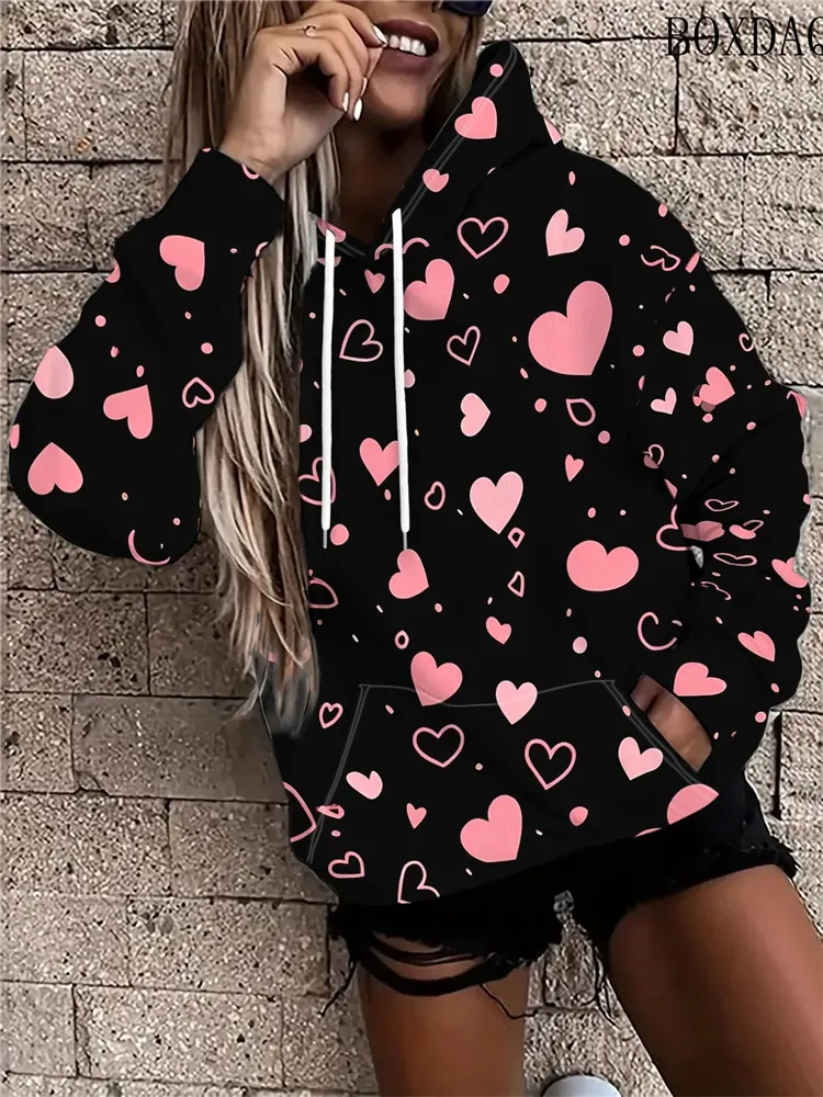 Autumn Winter Long Sleeve Women Hooded Love Heart Printed Sweatshirt Casual Drawstring Pocket Fashion Street Ladies Top Clothing