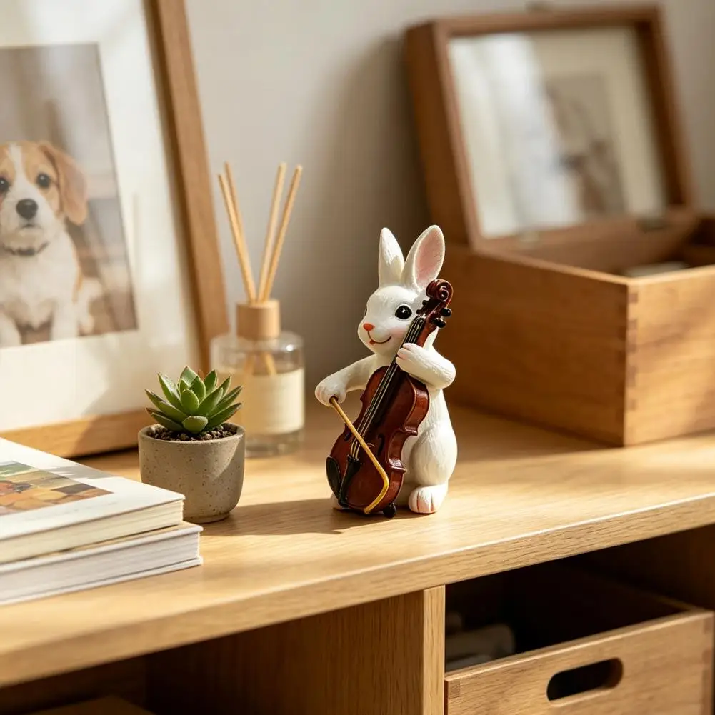 Violin Playing Bunny Cute Rabbit Playing Violin Figurine Hand Painted Synthetic Resin Sculpture Realistic Ornament for Garden