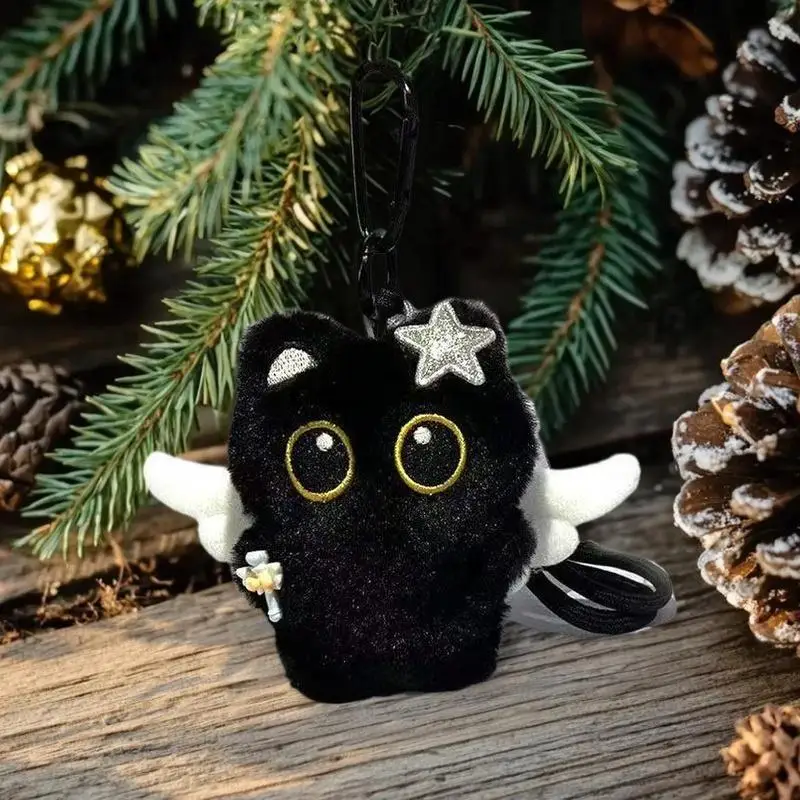 Chaveiro de boneca de pelúcia de gato preto macio, ornamento de mochila de gatinho de desenho animado pequeno, presente de aniversário exclusivo para meninos e meninas