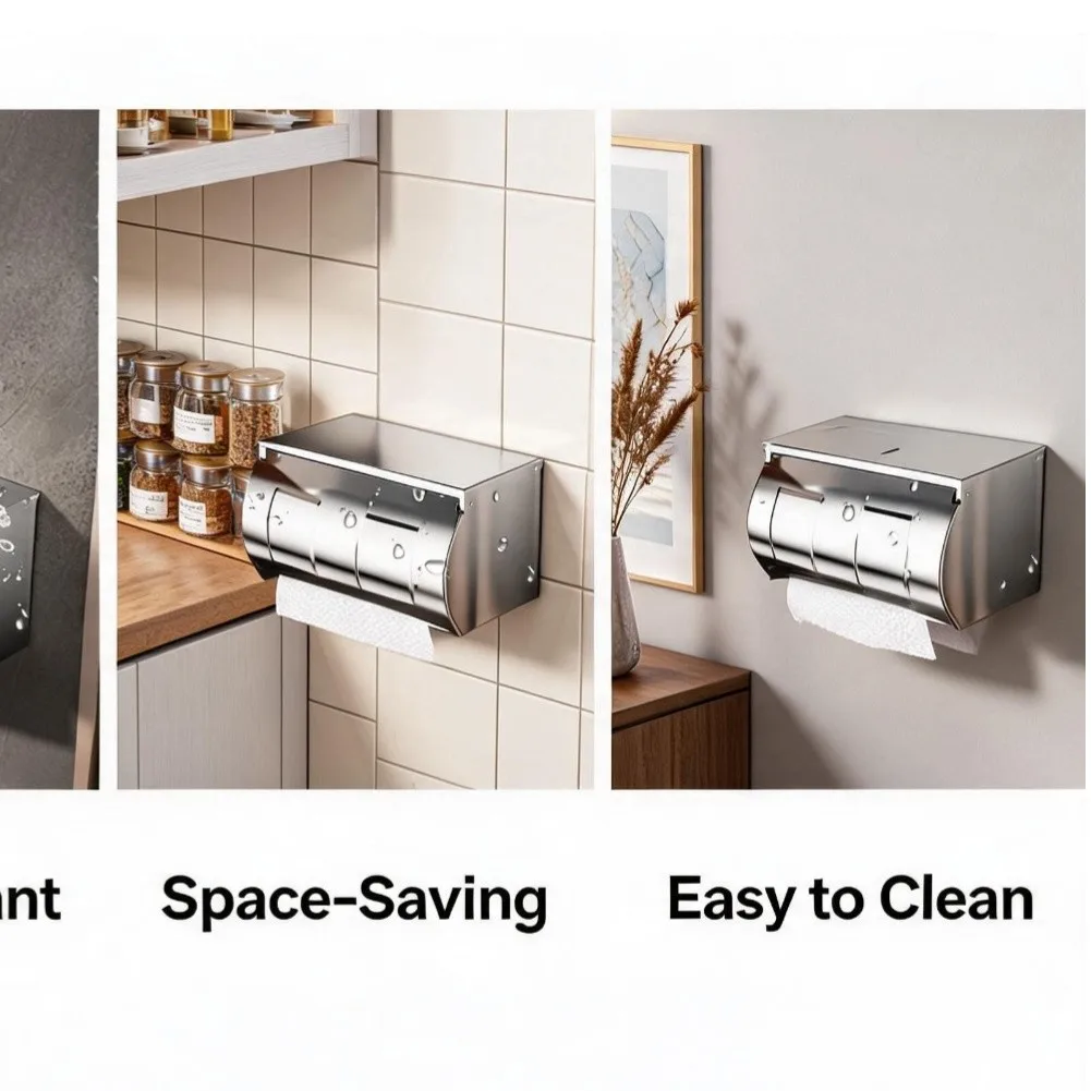 Toilet Paper Storage Box with Dual Mounting Options Drill Free + Hardware Kit SUS304 Steel 20x10x13 cm Dimensions